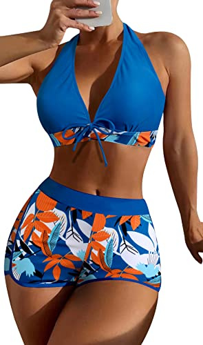 FEOYA Women's Tankini Sets Sexy Two Pieces Swimsuit Halter Neck Top with Shorts Bikini Sets Floral Print Swimwear Plus Size Push Up