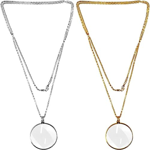 PLABBDPL Lupa de 2 piezas, collar de lente óptica, 5 cadenas de aumento de cristal, lupa colgante portátil para leer libros, periódicos, trabajo o viajes (dorado)