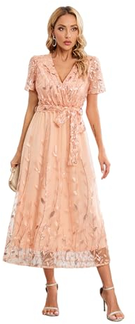 HEYPORK Damen Frühling Sommer Kleider Bequem Lässig Kleid Mode Elegant Röcke Frauen Stickerei Bright Silk Mesh Kleid V-Ausschnitt Medium Länge Kleider(Rosa, 2XL)