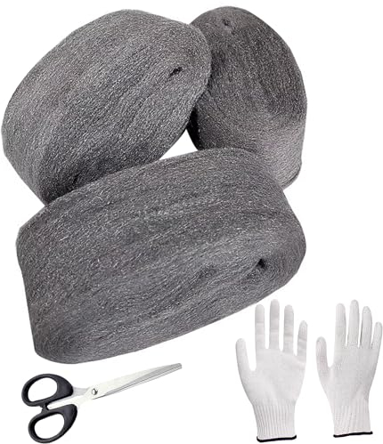 WANYI Stahlwolle 0000 Edelstahlwolle Stahlwolle Gegen Mäuse mit Arbeitshandschuhen Schere für Reinigen, Polieren, Steel Wool Stahlwoll für Löcher, Wand Risse von Haus (3 Rollen 12m)