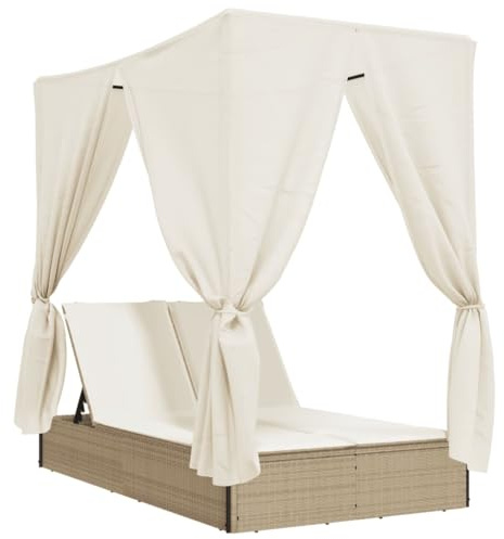 Tumbona Doble Reclinable con Techo y Cortinas de vidaXL, Ratán Sintético Beige, Cama de Día de Exterior, Respaldo Ajustable, Cojines Acolchados