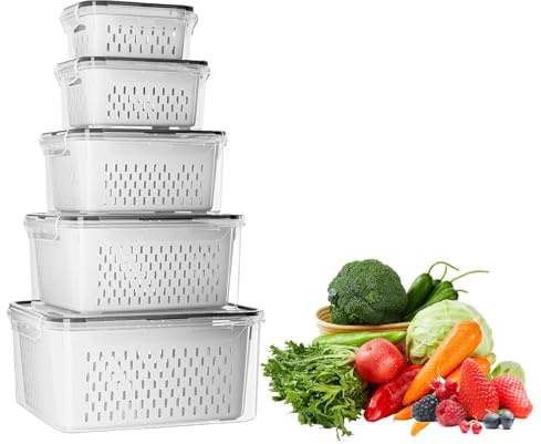 Eidoct Set of 5 Fresh Food Storage Organisers Large Refrigerator Fruit Containers Produce Storage Bins, Stackable, with Drain Baskets Lids, for Picnic Party Travel Kitchen Fridge Keeping Food Fresh