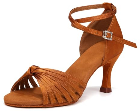 YCALCP Women's Latin Dance Shoes Satin Open Toe Dance Heels Ballroom Salsa Bachata Tango Practice Party Practice Performance Dancing Shoes Brown 5 UK