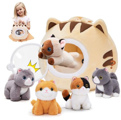 OUOZZZ Lot de 5 peluches en forme de chat pour enfants - Avec maison de chat - Doux - Petits chats - Jouet en peluche - Décoration de fête d'anniversaire