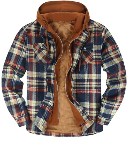 Thicken Hoodie Men Hooded Flannel Shirts Jackets Lined Fleece Plaid Button Down Padded Check Long Sleeve Casual Work Plaid Shirt Full Zip,Multi Colored,4XL
