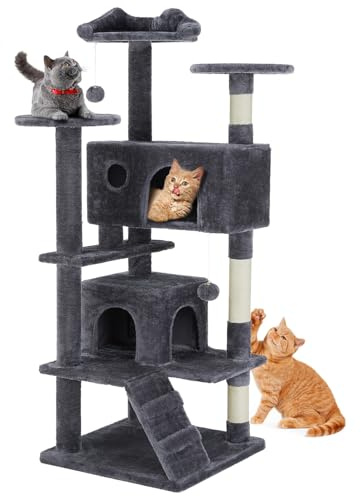 DUMOS 54-inch Indoor Cat Tree Tower –Multi-Level Pet House for Large Cats with 2 Condos, Scratching Posts, Round Platform, Small Ladder, and Toys – Perfect for Cats of All Ages, Dark Grey