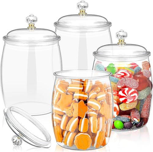 MSYU 4 Pcs Candy and Cookie Jar 1.9 Litre Plastic Jars with Lids, 64 oz Decorative Apothecary Jars Candy Buffet Containers Clear Airtight Food Storage Canister Home Decoration