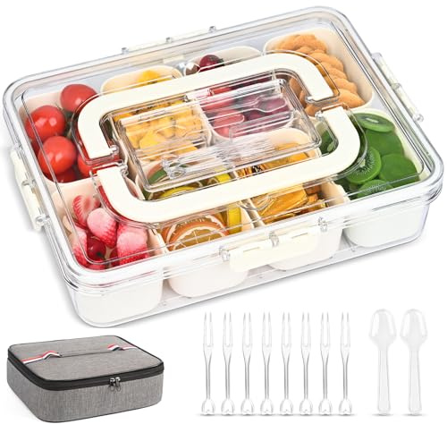 Linn'sCollection (With Bag) Divided Serving Tray with Lid,Snackle Box Container,Snack Box Container,8 Fruit Forks,2Spoons,Fruit Tray,Portable Snack Organizer,8 Compartments snack tray with lid