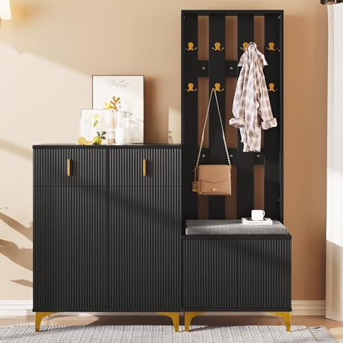 FammyLoft Shoe Storage Cabinet Set with 8 Hooks Coat Rack, Hallway Furniture Set with Shoe Bench and Cushion, Hallway Storage Unit, Shoe Cabinet with Drawers and Doors, Black