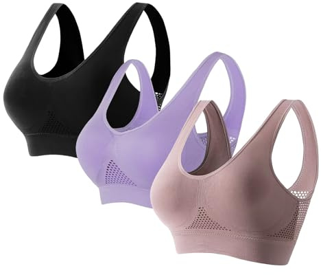 Uwdiohq Lot de 3 Soutiens Gorge sans Couture Sport Yoga Armature avec Coussinets Amovibles pour Femmes, Anti-affaissement, Conception en Mesh Aéré Soutien Dos Nu Forte Poitrine Mastectomie avec