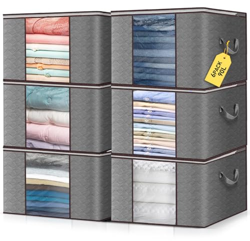 Lychico 90L Storage Bags 6 Pack with Clear Window - Large Moving Boxes & Storage Organisers for Clothes, Bedding, Seasonal Storage, Reinforced Handles & Seams (60x40x35cm)