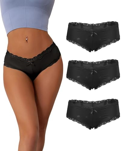 ohyeahlady Women's French Knickers Lace Satin Panties Stretchy Ladies Brazilian Knickers Low Rise Bikini Boxers Underwear Black Briefs Multipack UK Size 12 14