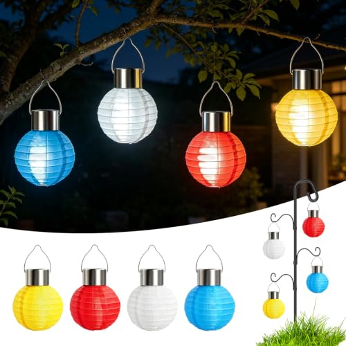 Lot de 4 Mini Lampion Solaire Exterieur, LED Lampe Solaire Jardin Résistantes aux Intempéries, Lanterne Solaire Suspendue Étanche en Nylon, Pour Patio, Terrasse, Jardin, Mariage, Fête, d'Halloween