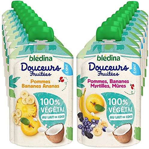 Blédina Gourdes Douceurs Fruitées 100% Végétal, Lot de 4 packs contenant chacun 2 Pommes Bananes Ananas / 2 Pommes Bananes Myrtilles Mûre (Lot de 16 gourdes)