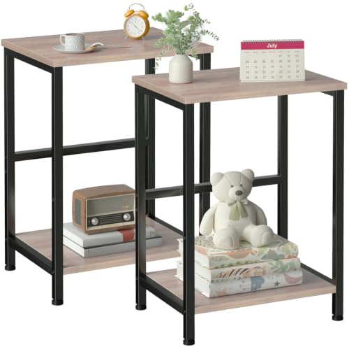 AMHANCIBLE Side Tables Set of 2, Bedside Tables, Coffee Table living room | 2-Tier Sofa Side Tables with Steel Frames, End Table for Small Spaces, Modern Nightstand for Bedroom, Grey UHET03SQGY