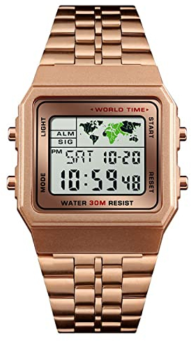 Montre numérique pour homme avec chronomètre avec alarme, heure mondiale, date, semaine, bracelet en métal, rose gold, Bracelet