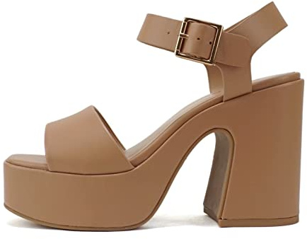 Soda LAUNCH ~ Women Open Toe Ankle Strap Platform Chunky High Heeled Sandal (Natural Pu, 9)