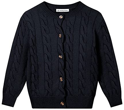 SMILING PINKER Cardigan Aran da ragazza Ragazzo Bambini Maglia Girocollo Cotone Maglione grosso Giacca con bottone, Blu oltremare scuro, 7-8 Anni