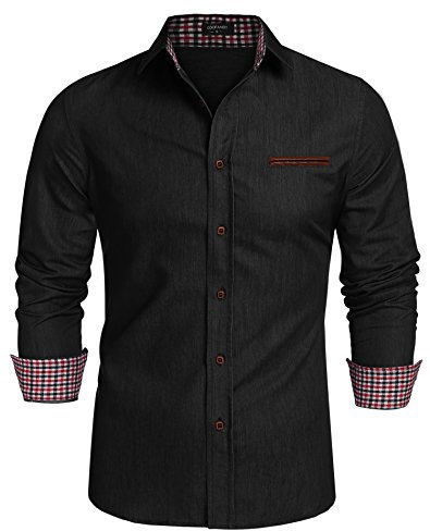 COOFANDY Men's Shirts Long Sleeve Casual Denim Shirt Slim Fit Button Down Formal Dress Shirt Cotton Cowboy Shirts with Plaid Collar Black S
