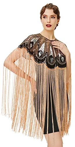 BABEYOND Châle des années 1920 à longues franges avec paillettes et perles, Style 2 - Noir doré, taille unique