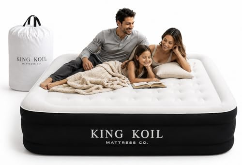 King Koil Full Size Plush Pillow Top Inflatable Air Mattress with Built-in Pump High-Speed Pump for Home, Camping, Guests, Luxury Double High Adjustable Blow Up Bed, Waterproof, 1-Year Warranty