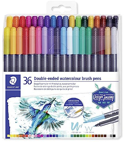 Staedtler Rotuladores de doble extremo, acuarela, punta de pincel y punta fina, barriles negros, colores de tinta surtidos, paquete de 36