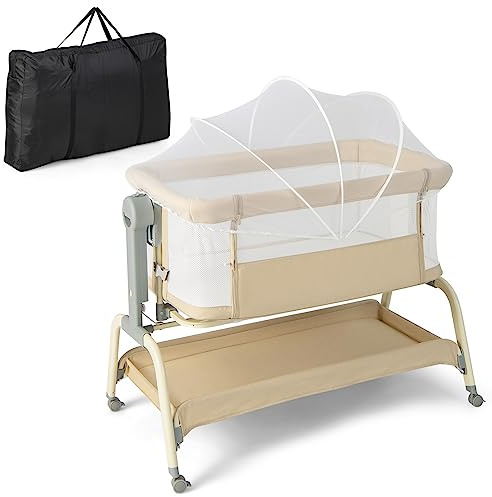 COSTWAY Cuna de Viaje para Bebé con Red, Cuna Colecho con 6 Alturas Ajustables, Colchón, Malla de 4 Lados, Cesta de Almacenamiento y Ruedas con Bloqueo, Cuna de Viaje Portátil con Bolsa (Beige)