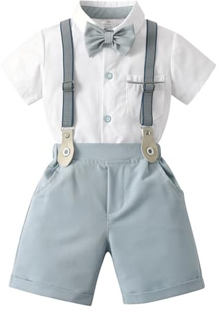 Volunboy Baby Boy Summer Clothing Set, Toddler Gentleman Suit Formal Bow Tie Shirt & Suspenders Shorts Romper Set（Light Blue，2-3 Years，Tag Size 100）