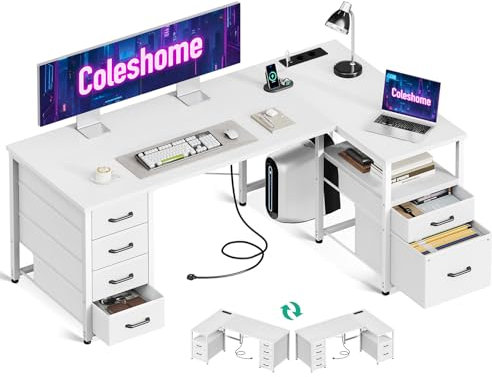 Coleshome Schreibtisch mit Stoff Schubladen, Umkehrbarer Schreibtisch L Form mit Aktenschublade, Eckschreibtisch mit USB-Ladeanschluss und Steckdose, Home Office Schreibtische (Weiß, 140X70cm)