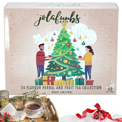 JOLAFUNBS Tea Advent Calendar 2025 Women, Mens Gift Set & Grandparents Gifts Hamper Box & Card-24 Flavour Fruit & Herbal Tea Gift Set for Christmas Gifts Stocking Fillers, Relax Tea Xmas Eve Countdown