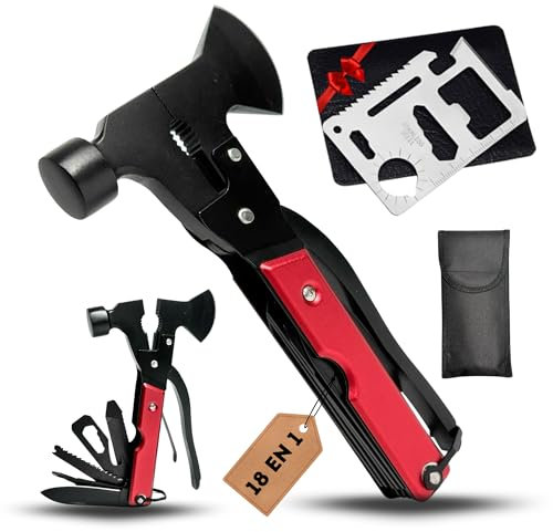 SHONA Multiherramienta 18 en 1 de acero inoxidable que incluye tarjeta multiherramienta de bolsillo. Martillo herramienta Multiusos ideal como regalos originales para hombres y padres.