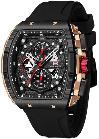 MF MINI FOCUS Montre Homme Style Tonneau (Chronographe/étanche/Lumineuse/Calendrier) avec Bracelet en Silicone, Mouvement à Quartz