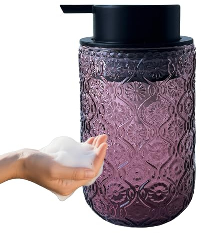 Birugen Dispenser di sapone per le mani in schiuma, dispenser di sapone e lozioni in vetro vintage per bagno, cucina con pompa in schiuma nera (fiore di begonia rosa + coperchio nero)