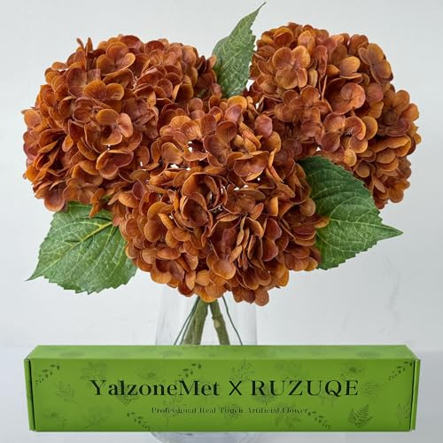 YalzoneMet 3 Pcs Coffee Brown Hydrangea Artificial Flowers 21'' Real Touch Latex Hydrangea Fake Flowers for Fall Home Decor Party Kitchen Bedroom Bronze Vintage Flower Table Centerpieces