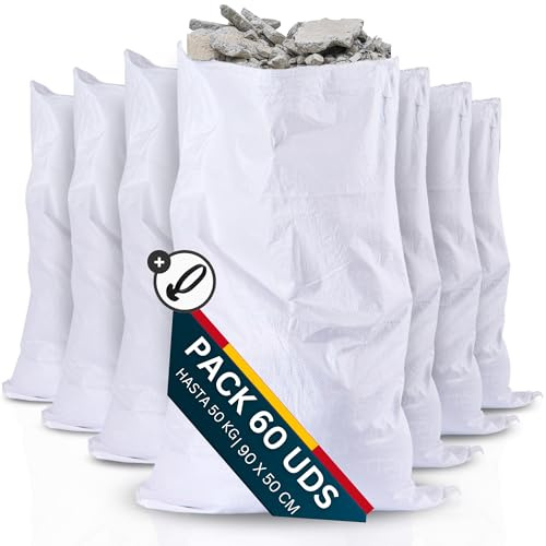 [60 uds + Gomas] Sacos Para Escombros [50x90cm] con Gomas de Anclaje Resistentes 50kg, Saco Yute, Saco Rafia, Saco Jardin, Saco Para Escombros de Obra, Bolsas para obras y Transporte de Materiales