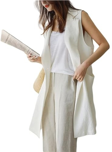 Chaleco Traje Mujer,Chaleco De Lino Y Algodón para Mujer, Holgado, Largo, Sin Mangas, De Verano, Ligero, con Solapas con Muescas, De Trabajo, con Bolsillos, Cárdigan Informal Liso con Botones.