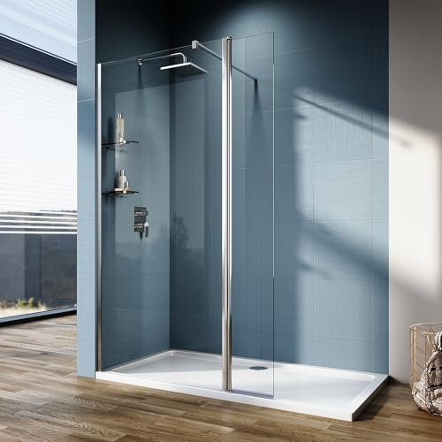 ELEGANT 800 Walk in Shower Enclosure 8mm Easy Clean Safety Glass with 300mm Flipper Panel, Shower Cubicles Wet Room Shower Screen Bath Screen with Two 8mm Glass Shelves