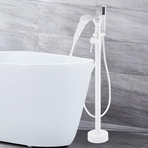 Rubinetto Vasca da Bagno da Terra con Doccetta 360° Rotazione Miscelatore a Cascata per Vasca da Bagno 2 Modalità,Bianco