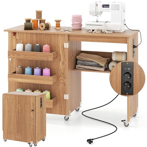 RELAX4LIFE Table de Couture Pliante avec Station de Charge | Meuble Machine à Coudre avec 3 Compartiments, 5 Roulettes pour Aiguilles, Fils et Ciseaux (Brun)