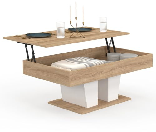 IDMarket - Table Basse Plateau relevable rectangulaire ELIAD Bois et Blanc
