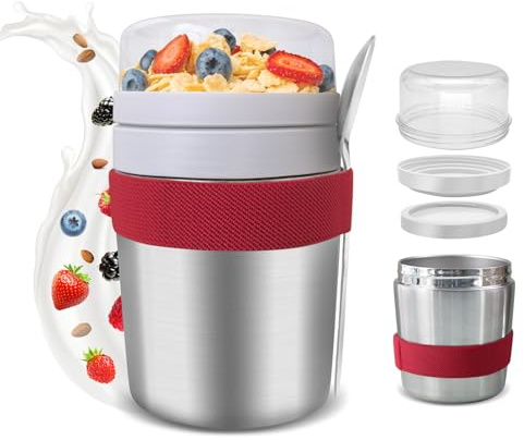 FeinKulturia Recipiente para cereales con cuchara, de acero inoxidable, aislado al vacío, 500ml+220ml, recipiente para cereales, cuenco de cereales, tazón de cereales, tazón de desayuno, caja de