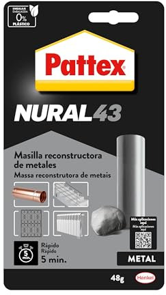 Pattex Nural 43 Masilla reconstructora de metales, masilla adhesiva para restaurar piezas metálicas, masilla gris para grietas, agujeros, fisuras y uniones, 1 x 48 g