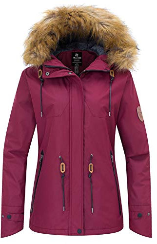 Wantdo Femme Veste de Ski Imperméable Voyage Coupe-Vent Manteau d'hiver Chaud avec Capuche Veste Randonnée Travail Veste de Snowboard Outdoor Rouge Vineux XL