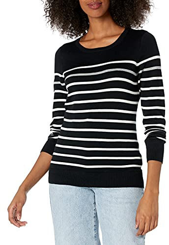 Amazon Essentials Women's Long-Sleeve Lightweight Crewneck Sweater, Flattering (Available in Plus Size), Black Grey White Stripe, XX-Large