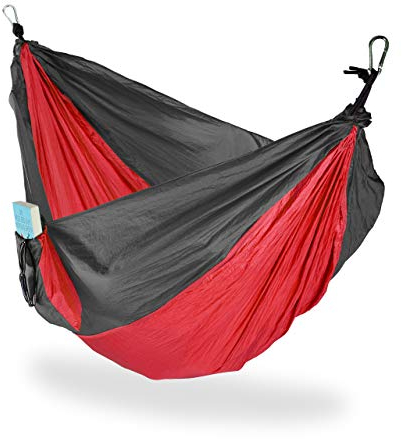 Relaxdays Hängematte Outdoor, Reisehängematte für 2 Personen, Ultraleicht, Camping, bis 200 kg, BT: 152x255 cm, rot-grau