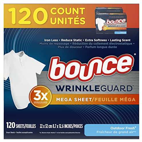 Bounce WrinkleGuard Mega Dryer Sheets, Fabric Softener and Wrinkle Releaser Sheets, Outdoor Fresh Scent, 120 Count (Pack of 2, 60 Count Each)