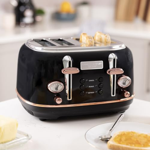 CHARLES BENTLEY Toaster, 4 Slice Toaster, Stainless Steel, Browning Control Dial with 6 Levels, Black & Gold, Crumb Tray, Cancel, Defrost, Reheat Settings, Cord Storage, Loading Handle (32x29x19cm)