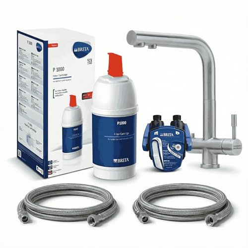 Franke Wellfresh 110-3-Wege-Wasserhahn L-Auslauf Edelstahl Massiv inkl. Britafilter P1000 und Wasseruhr-Digiflow. Küchenarmatur, Spültischarmatur, Mischbatterie, Dreiwege Wasserhahn, Osmoseanlagen