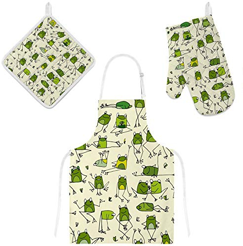 MyDaily Kochschürze, Ofenhandschuh und Topflappen-Set, Frosch, lustig, Cartoon, verstellbare Schürze mit Taschen, Ofenhandschuh und Topflappen, Küchengeschenk-Set