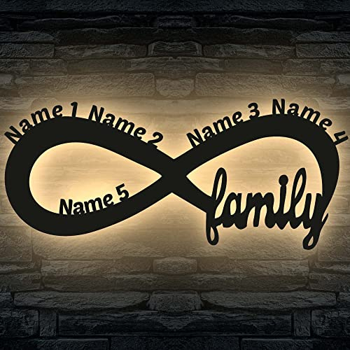 Familie led Unendlichkeitszeichen bis 5 Namen oder Datum - personalisiert Geschenke Wohnzimmer Schlafzimmer family familia Nachtlicht Wandlampe Mama Papa - in 13 MDF Holzfarben & 7 LED-Farben